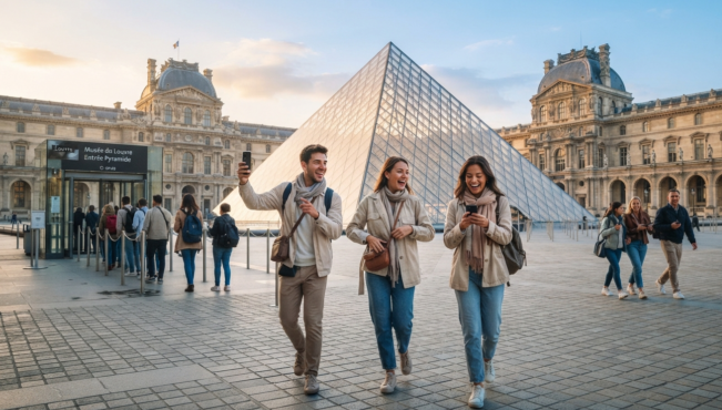 Young travelers smart queuing with mobile phones in front of the Louvre Pyramid in Paris, avoiding long museum waiting lines during early morning open run.