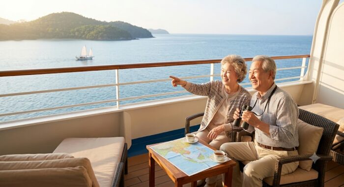 A smiling 5060 senior couple enjoying their cruise travel on the deck.(크루즈 갑판 위에서 지도를 보며 즐겁게 여행 중인 5060 신중년 부부)