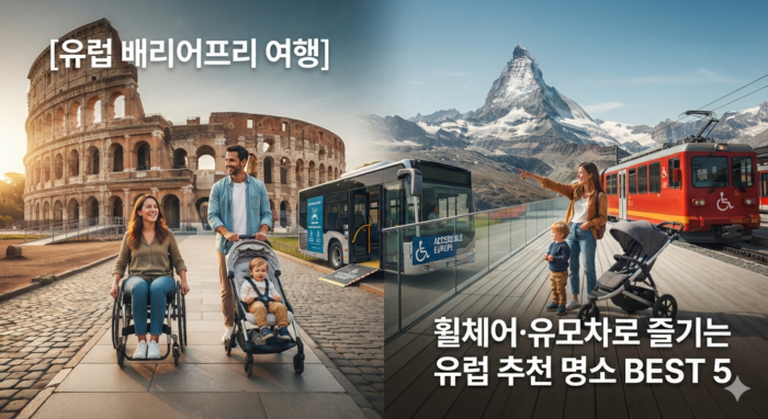 유럽 배리어프리 여행을 나타내는 가상의 콜라주 이미지로, 왼쪽에는 로마 콜로세움 앞에서 휠체어를 탄 여성과 유모차를 미는 남성이 활짝 웃고 있으며, 오른쪽에는 스위스 마테호른 산과 저상 산악 열차 배경 앞에서 아이와 함께 있는 가족의 모습. 이미지 상단과 하단에는 한글과 영어로 배리어프리 유럽 추천 명소 제목 텍스트가 포함되어 있음.(A split-screen collage image showcasing accessible travel in Europe. On the left side, a smiling woman in a wheelchair and a man pushing a baby stroller walk along a smooth path in front of the historic Colosseum in Rome. On the right side, a family stands on a step-free glass-paneled deck with a red accessible Swiss mountain train, overlooking the snow-capped Matterhorn peak in Switzerland. The image contains overlay text for Europe barrier-free travel.)