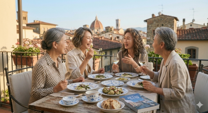 A happy European luxury tableware-themed trip of middle-aged women in their 50s and 60s, high school alumni, smiling brightly while enjoying pasta and wine served on premium blue fluted porcelain plates at a European rooftop restaurant with the Florence Duomo Cathedral in the background.(피렌체 두오모 성당을 배경으로 유럽 루프탑 레스토랑에서 명품 블루 플루티드 도자기 접시에 담긴 파스타 요리와 와인을 즐기며 환하게 웃고 있는 5060 신중년 여성 여고 동창생들의 행복한 유럽 그릇 테마 여행 모습.)