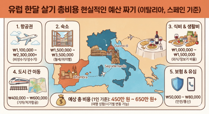 Infographic of Europe one month travel budget breakdown for Italy and Spain, including estimated costs for flights, accommodation, food, transportation, travel insurance, and eSIM with a total cost summary. (유럽 한달 살기 총비용 현실적인 예산 짜기 인포그래픽 이미지. 이탈리아와 스페인 기준 항공권, 숙소, 식비, 교통비, 보험 및 유심 항목별 예상 경비와 총비용 요약 정보 포함.)