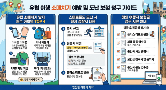 Infographic summary of Europe travel insurance baggage loss compensation standards and smartphone theft claim methods.(유럽 여행자 보험 휴대품 분실 보상 기준 및 스마트폰 도난 청구 방법 요약 인포그래픽)