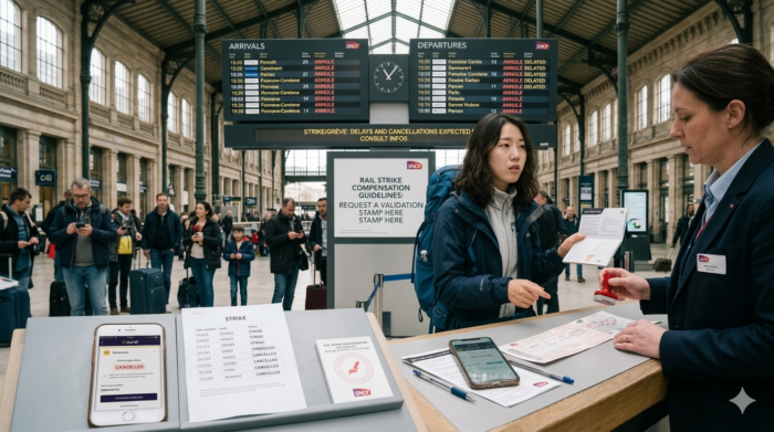 A traveler checking Eurail pass compensation rules and alternative routes on a smartphone, with a European train station departure board displaying 'Cancelled' in the background.(유럽 기차역 전광판에 '취소(Cancelled)'가 뜬 것을 배경으로, 여행객이 스마트폰으로 유레일패스 보상 규정과 대체편을 확인하는 모습)