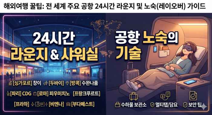 Thumbnail guide showing 24-hour airport lounges, shower locations, and a traveler sleeping comfortably in a recliner chair during a long layover. (해외 공항 24시간 라운지 위치 및 샤워실 정보와 아늑한 수면 의자에서 편안하게 공항 노숙 레이오버를 즐기는 여행객 가이드 이미지)