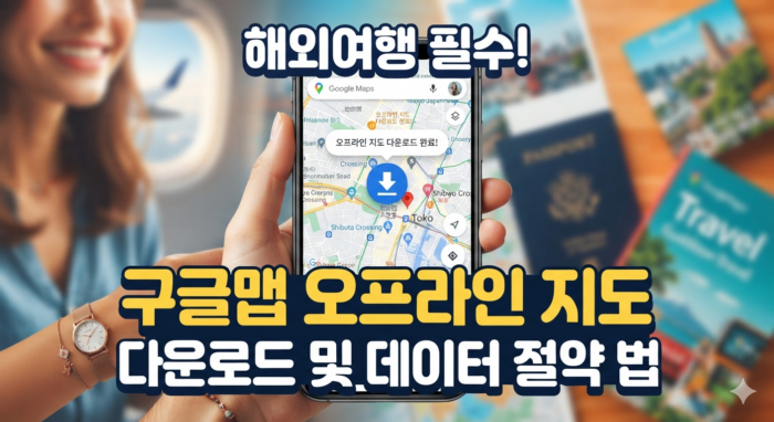 A blog post thumbnail image visually highlighting the completion screen of a Google Maps offline download to prevent data loss before traveling abroad, along with the necessity of data-saving settings. (해외여행 전 데이터 단절을 방지하기 위한 구글맵 오프라인 지도 다운로드 완료 화면과 데이터 절약 설정의 필요성을 시각적으로 강조하는 블로그 포스팅 대표 썸네일 이미지)