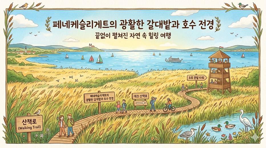 헝가리 페네케슬리게트 습지 발라톤 호수 갈대밭 데크 산책로 및 조류 관찰 타워 일러스트 안내 지도(An illustrated guide map of Fenékpuszta Wetland at Lake Balaton in Hungary, featuring the reed beds, boardwalk trails, and the bird observation tower.)