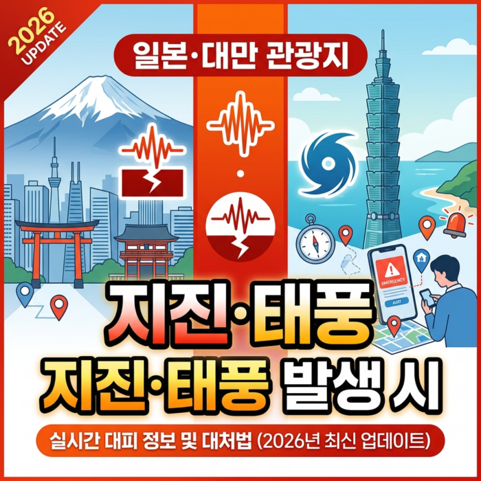 일본·대만 여행 안전 가이드. 지진과 태풍 발생 시 행동 수칙과 실시간 재난정보를 안내하는 인포그래픽(Japan and Taiwan Travel Safety Guide infographic with earthquake and typhoon safety tips and real-time disaster information.)