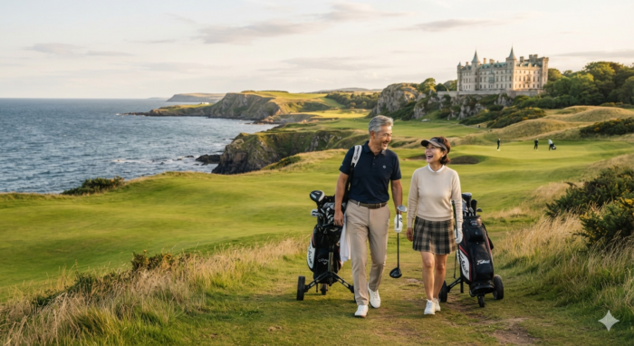 A happy Korean senior couple in their 50s-60s VIP tailored golf attire walking hand-in-hand on the Swilcan Bridge at the St Andrews Old Course, Scotland at sunset.(5060 VIP 부부가 스코틀랜드 세인트 앤드루스 올드 코스에서 행복하게 라운딩하는 모습)