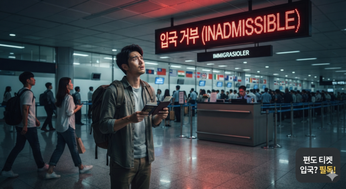 A worried traveler holding a passport at airport immigration with a sign warning about entry refusal for one-way ticket holders.