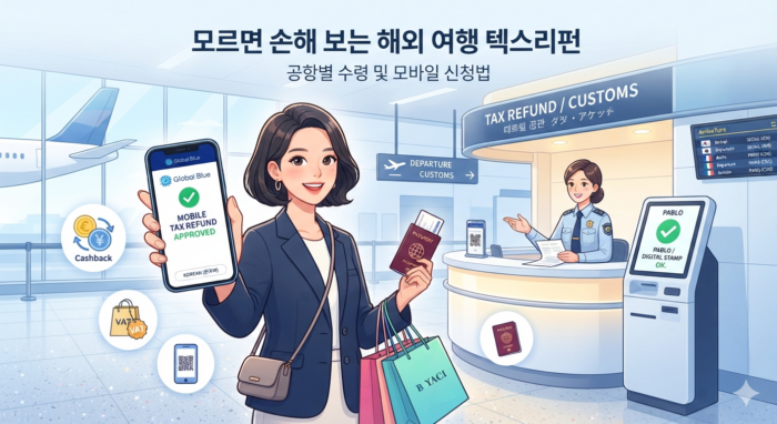 Blog featured image showing how to apply for an international tourist tax refund via mobile app and claim cash at the airport customs and PABLO kiosk.(모바일 앱으로 해외 여행 텍스리펀을 신청하고 공항 세관 및 파블로 키오스크에서 환급받는 방법을 설명하는 블로그 대표 이미지)