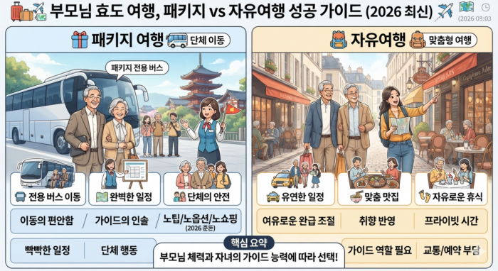 An infographic comparing package vs. free travel for parents, showing a guided bus tour on the left and a flexible independent family trip on the right with a summary table.(부모님 효도 여행을 위한 패키지 여행과 자유여행의 장단점을 비교한 인포그래픽 이미지. 왼쪽에는 전용 버스와 가이드 투어, 오른쪽에는 자유로운 일정과 맛집 탐방을 묘사함.)