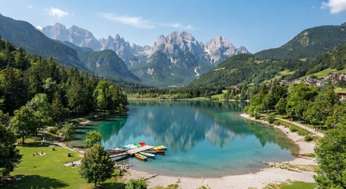 A panoramic summer view of Lake Molveno in the Italian Dolomites. The clear turquoise lake reflects the jagged peaks of the surrounding mountains under a blue sky. A small wooden dock with colorful rowboats extends into the water on the left, near a grassy shore with a few people. On the right, a pebbled beach meets the water, and a distant village is nestled at the base of the mountains.(이탈리아 돌로미티에 위치한 몰베노 호수의 여름 파노라마 전경. 맑고 에메랄드빛인 호수가 푸른 하늘 아래 주변 산들의 험준한 봉우리를 비추고 있다. 왼쪽 호숫가에는 몇 사람이 있는 잔디밭과 함께 알록달록한 노 젓는 배들이 정박해 있는 작은 나무 부두가 물 위로 뻗어 있다. 오른쪽에는 자갈 해변이 물과 만나고, 멀리 산기슭에 마을이 자리 잡고 있다.)
