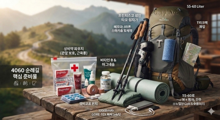 Essential packing list and first aid kit for 4060 pilgrims on a wooden table with the Italy Via di Francesco route in the background.(이탈리아 비아 디 프란체스코 순례길 배경의 나무 테이블 위에 놓인 4060 순례자용 필수 짐 싸기 물품 및 상비약 파우치.)