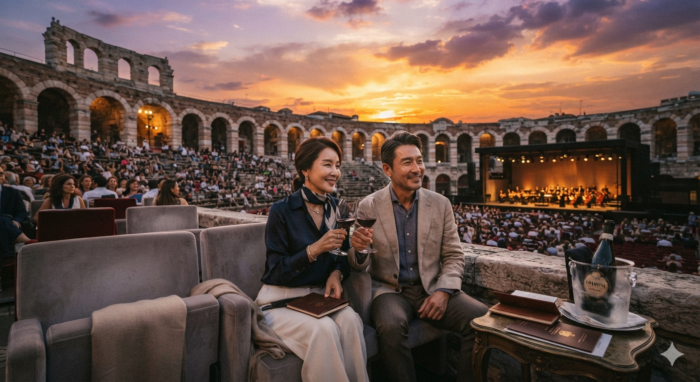 A premium luxury travel scene of an elegant middle-aged couple in their 40s to 60s, enjoying wine under the sunset at the Arena di Verona outdoor opera festival in Italy.(이탈리아 베로나 오페라 축제 야외 원형극장에서 석양을 바라보며 와인을 즐기는 우아한 4060 세대 부부의 프리미엄 해외 여행 모습)