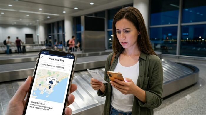A worried woman at an airport baggage claim checking a baggage tracking app on her smartphone and holding a PIR receipt.(공항 수하물 수취대에서 당황한 표정의 여성이 스마트폰 수하물 위치 추적 앱과 PIR 접수증을 확인하는 모습)