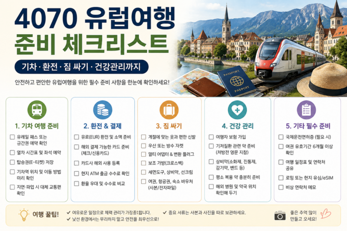 Europe travel preparation checklist including train travel, currency exchange, packing, and health management tips.(유럽여행 준비 체크리스트 이미지. 기차 여행, 환전, 짐 싸기, 건강관리, 여행 준비물을 한눈에 확인할 수 있는 유럽여행 가이드.)